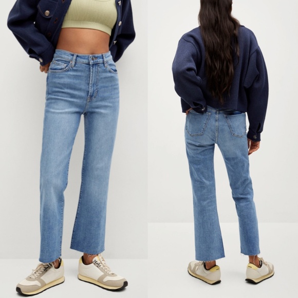 MANGO Jeans Blue Cropped Flared Raw Hem with Pockets - Picture 3 of 13